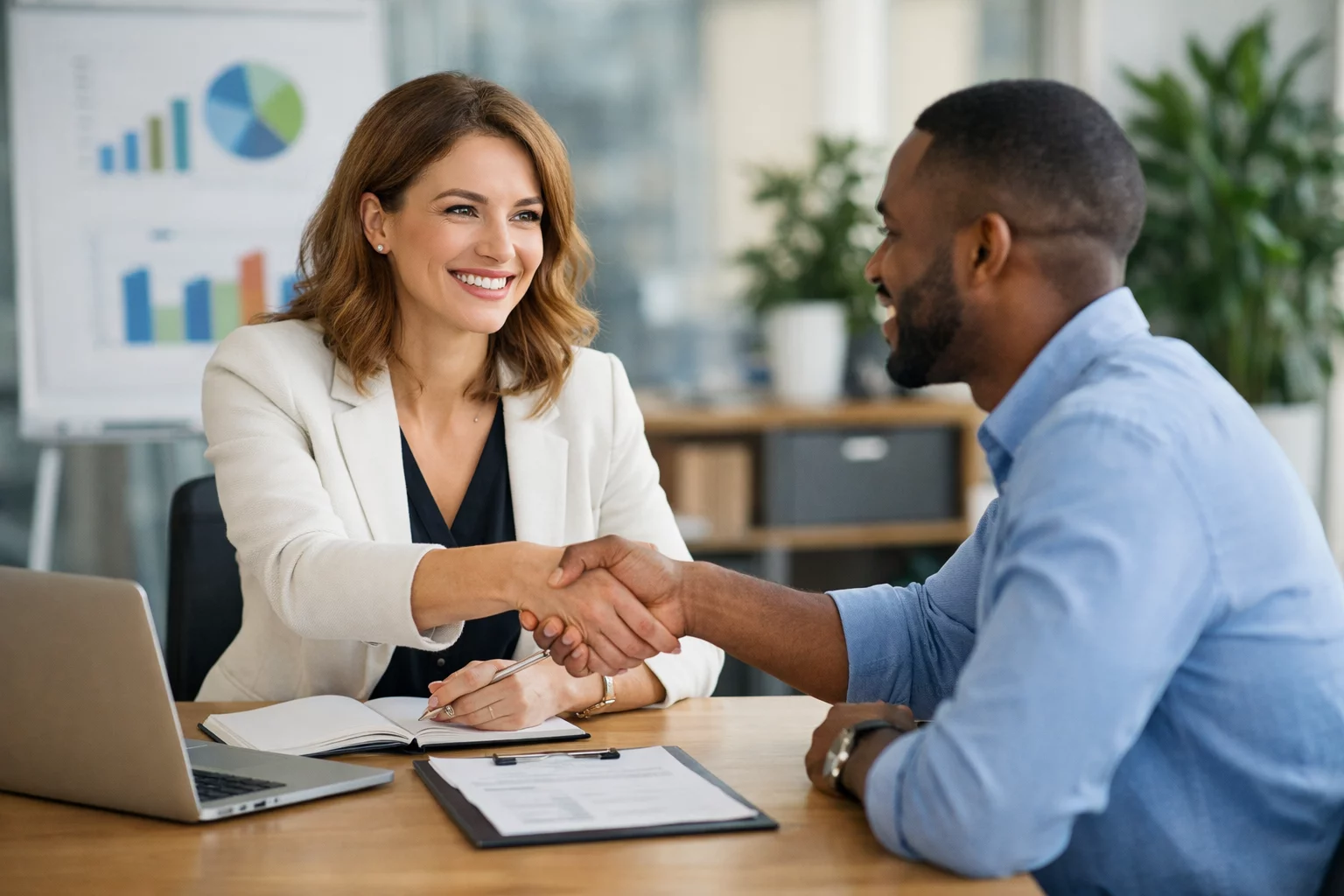 Entretien professionnel entre un candidat et un recruteur se serrant la main