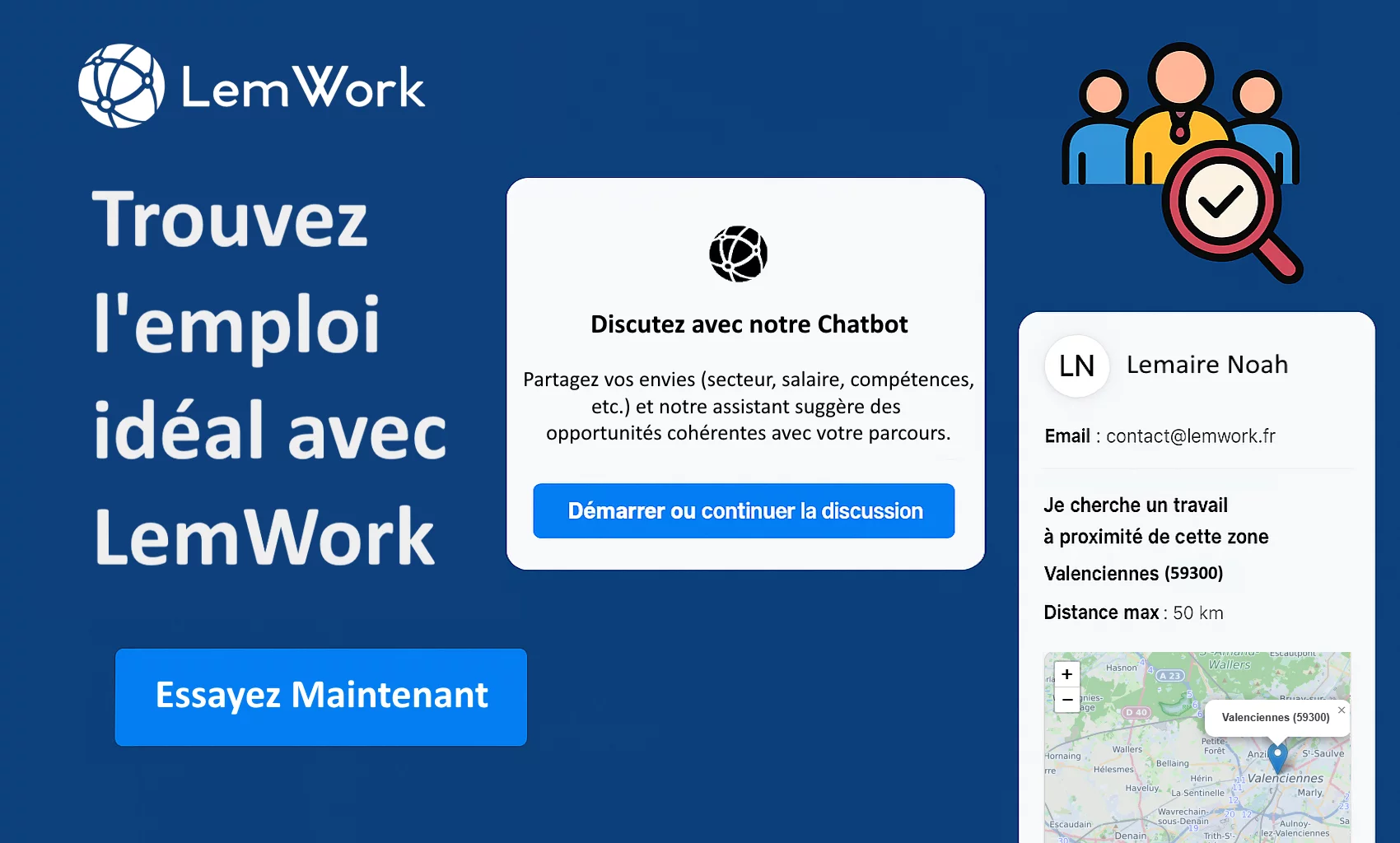 Interface LemWork montrant une recherche d’emploi personnalisée via chatbot