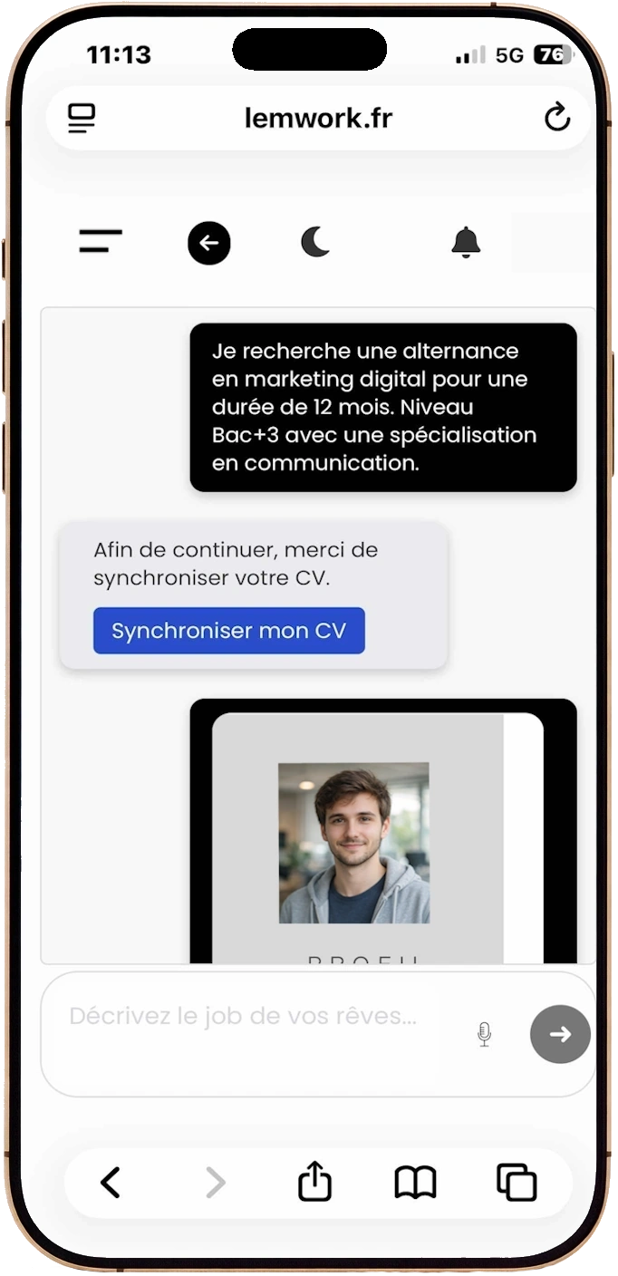 Interface mobile LemWork montrant un chatbot de recherche d’alternance avec synchronisation de CV