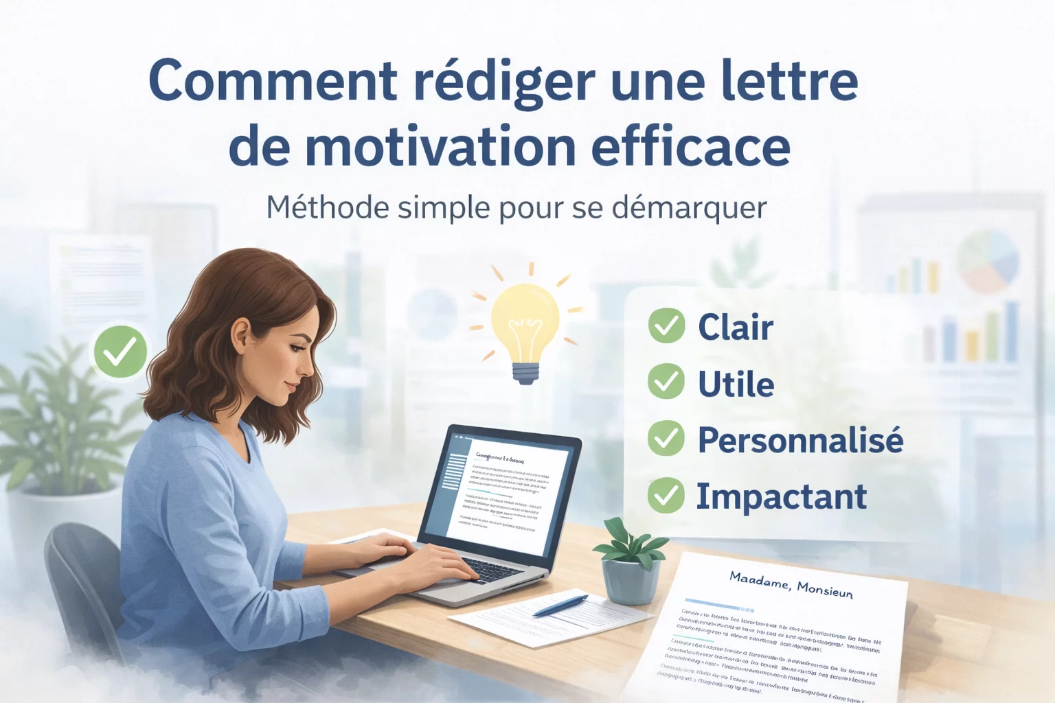 Personne rédigeant une lettre de motivation sur ordinateur dans un bureau moderne et lumineux