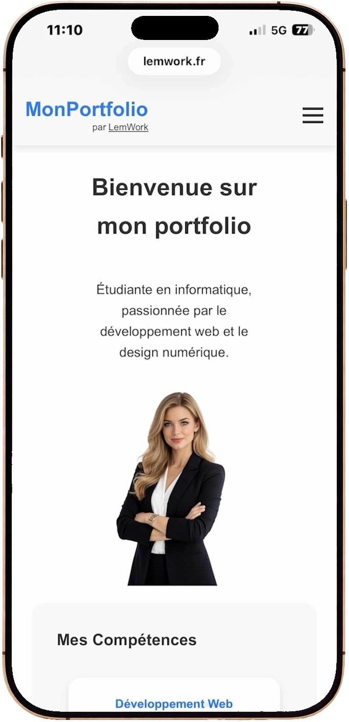 Portfolio professionnel en ligne créé avec MonPortfolio par LemWork, affiché sur mobile