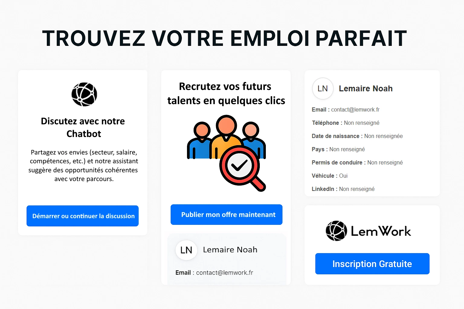 Interface LemWork pour trouver un emploi grâce à un chatbot intelligent et au recrutement simplifié