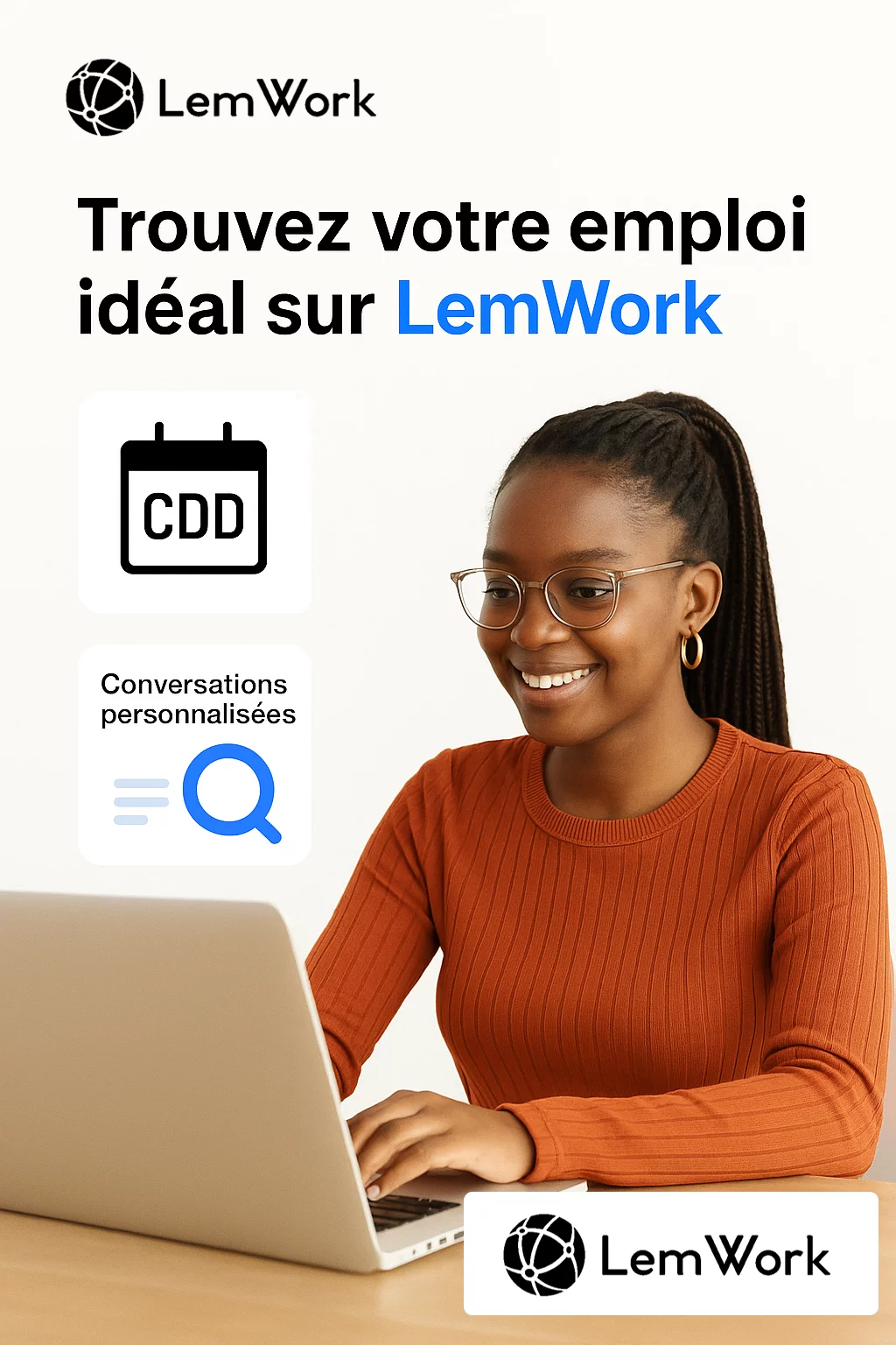 Utilisatrice recherchant un emploi sur LemWork via une interface moderne