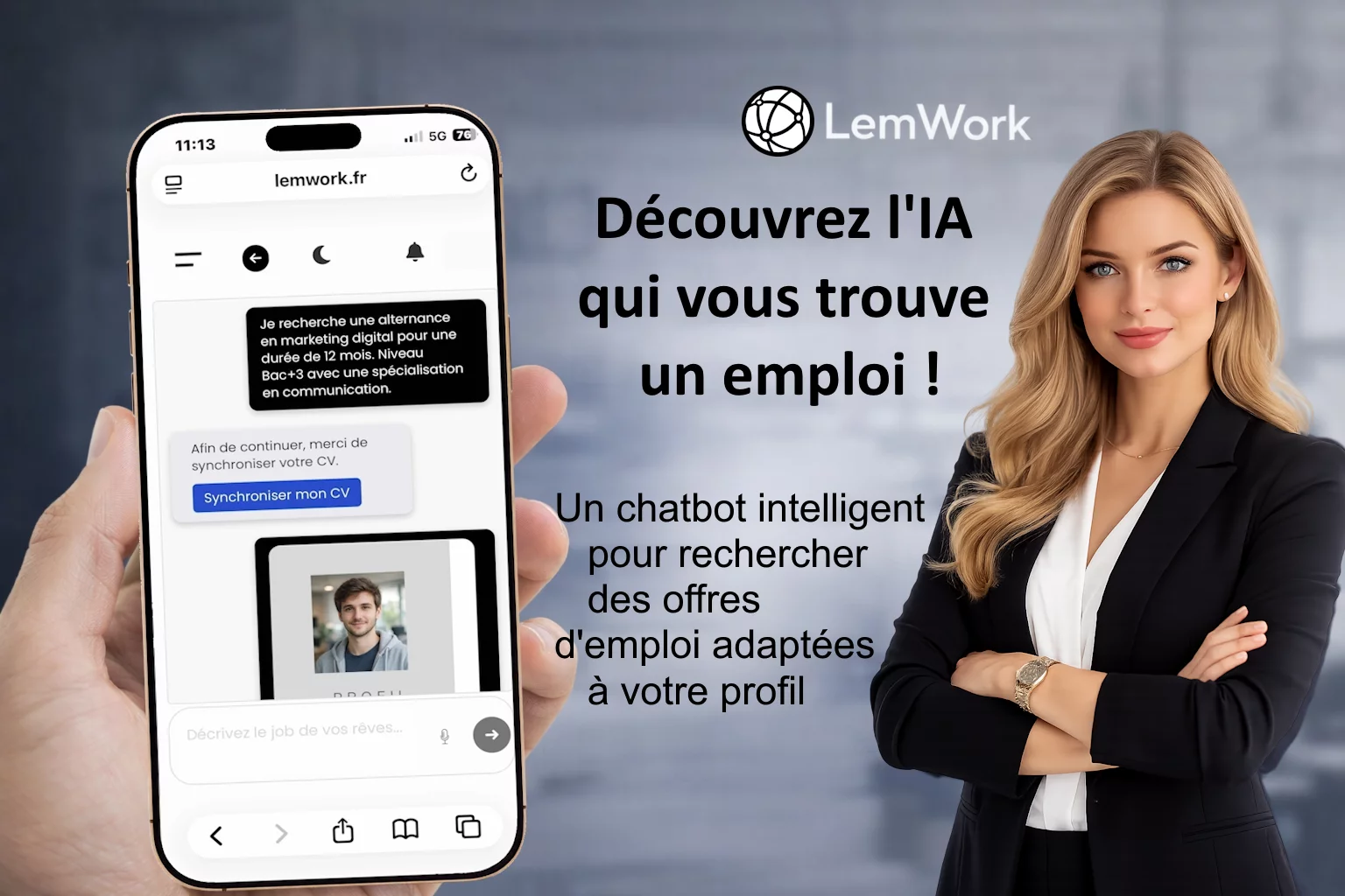 Interface de LemWork une IA qui trouve des offres d&amp;#039;emploi à partir d&amp;#039;une simple phrase