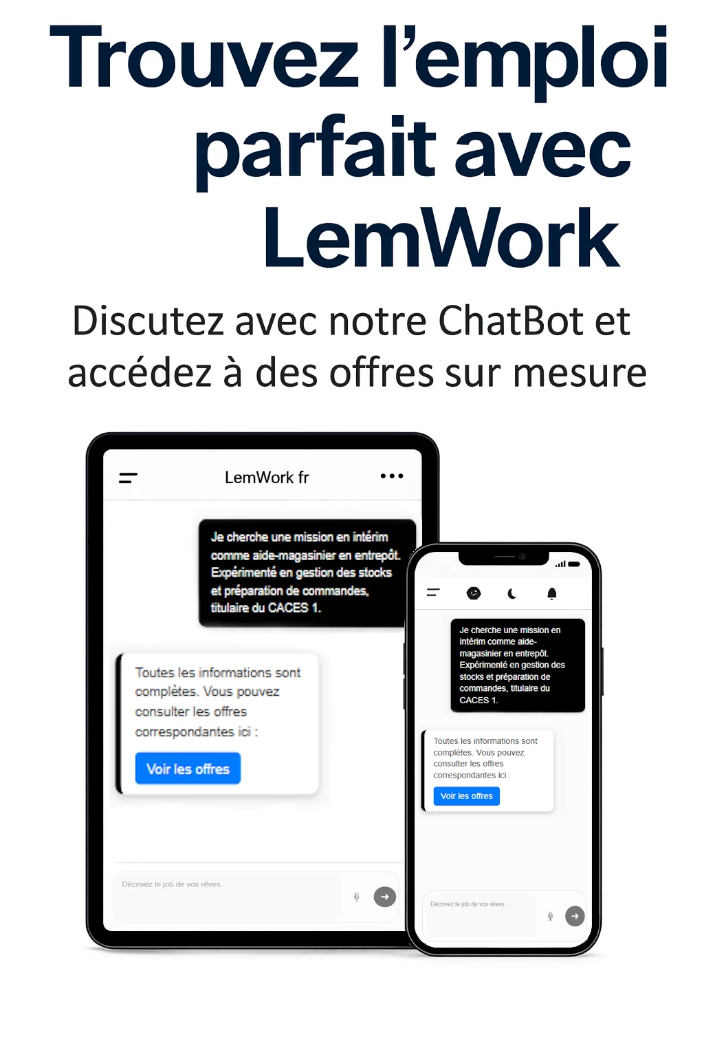 Interfaces LemWork sur mobile et tablette illustrant une recherche d’emploi connectée