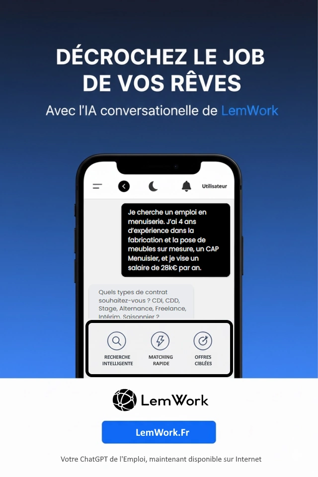 Application LemWork affichant une recherche d’emploi via IA conversationnelle