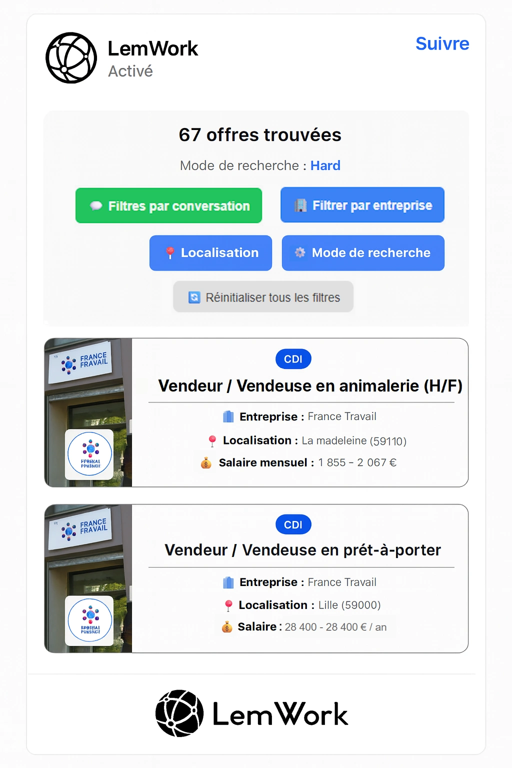 Interface LemWork affichant des offres d’emploi personnalisées après une recherche intelligente