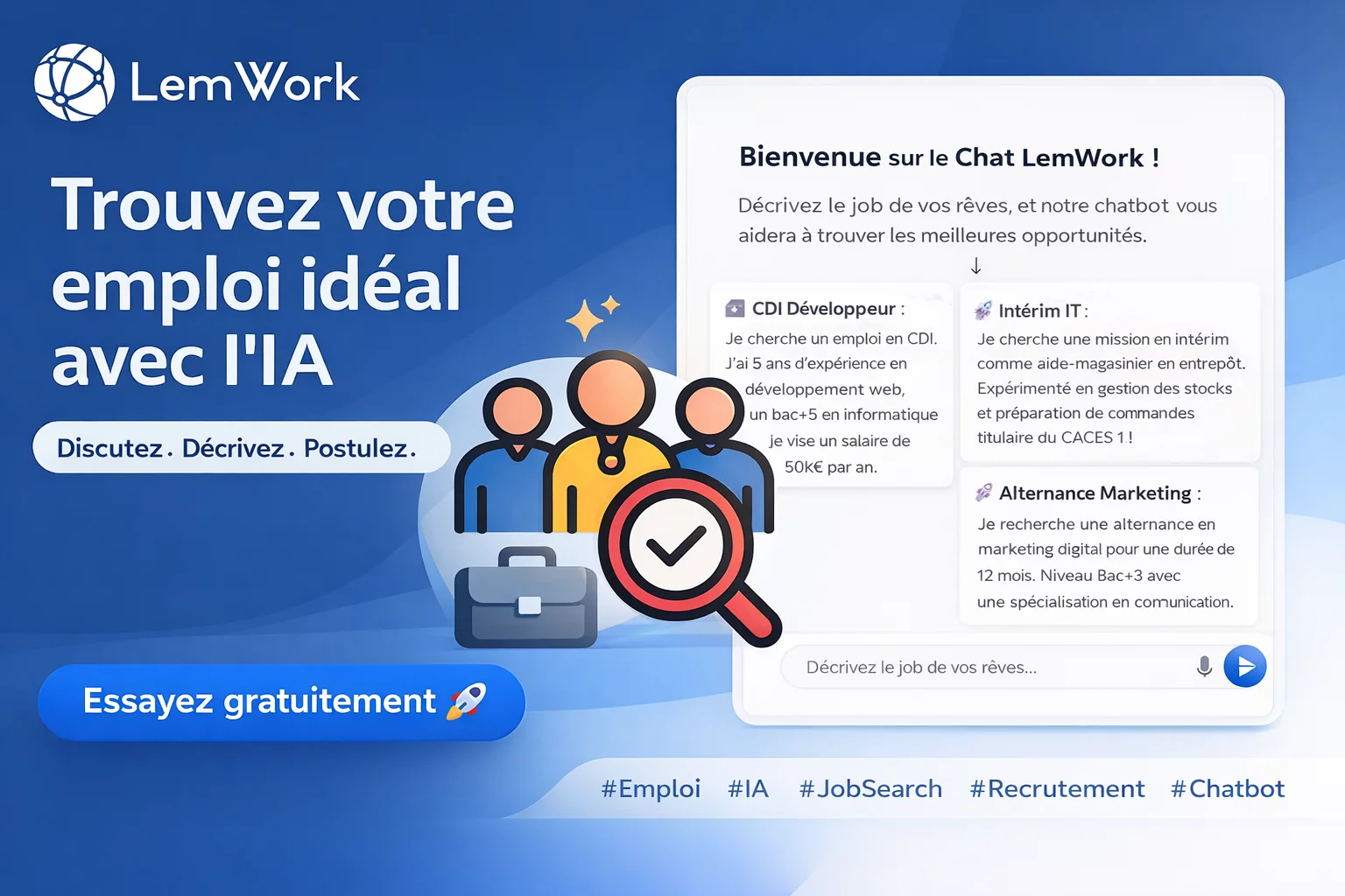 Interface LemWork de recherche d’emploi avec intelligence artificielle