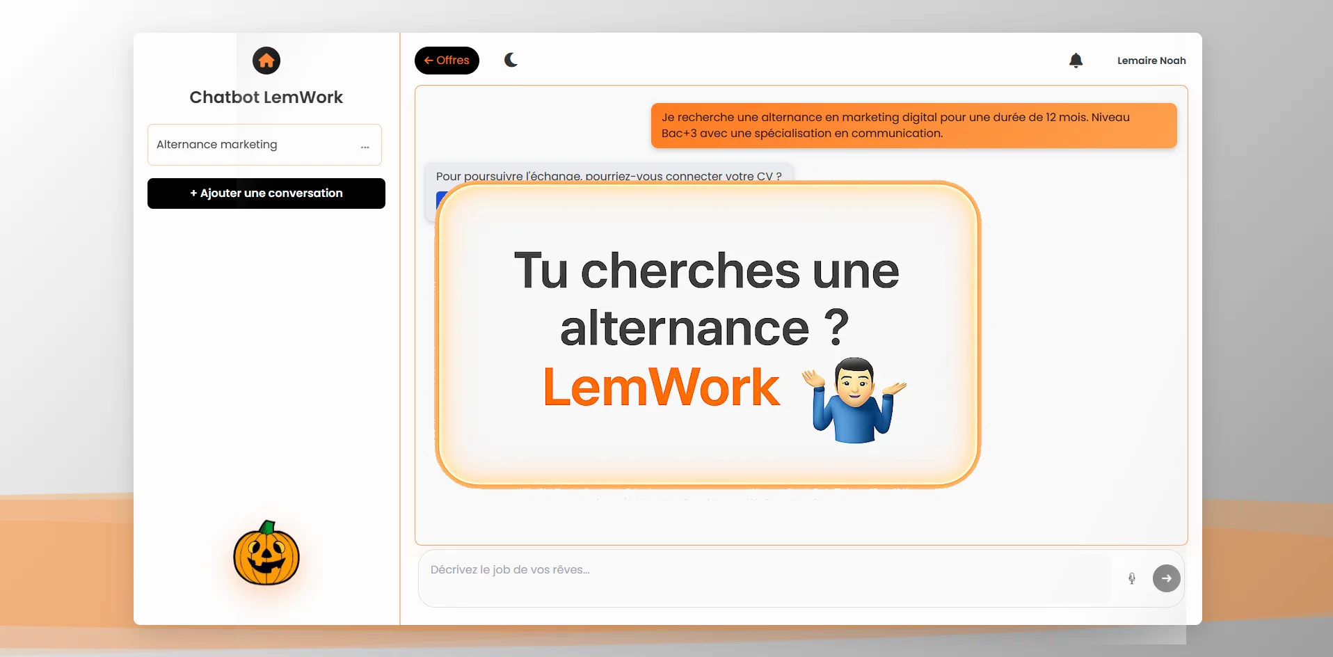 Interface LemWork montrant une recherche d’alternance via IA conversationnelle