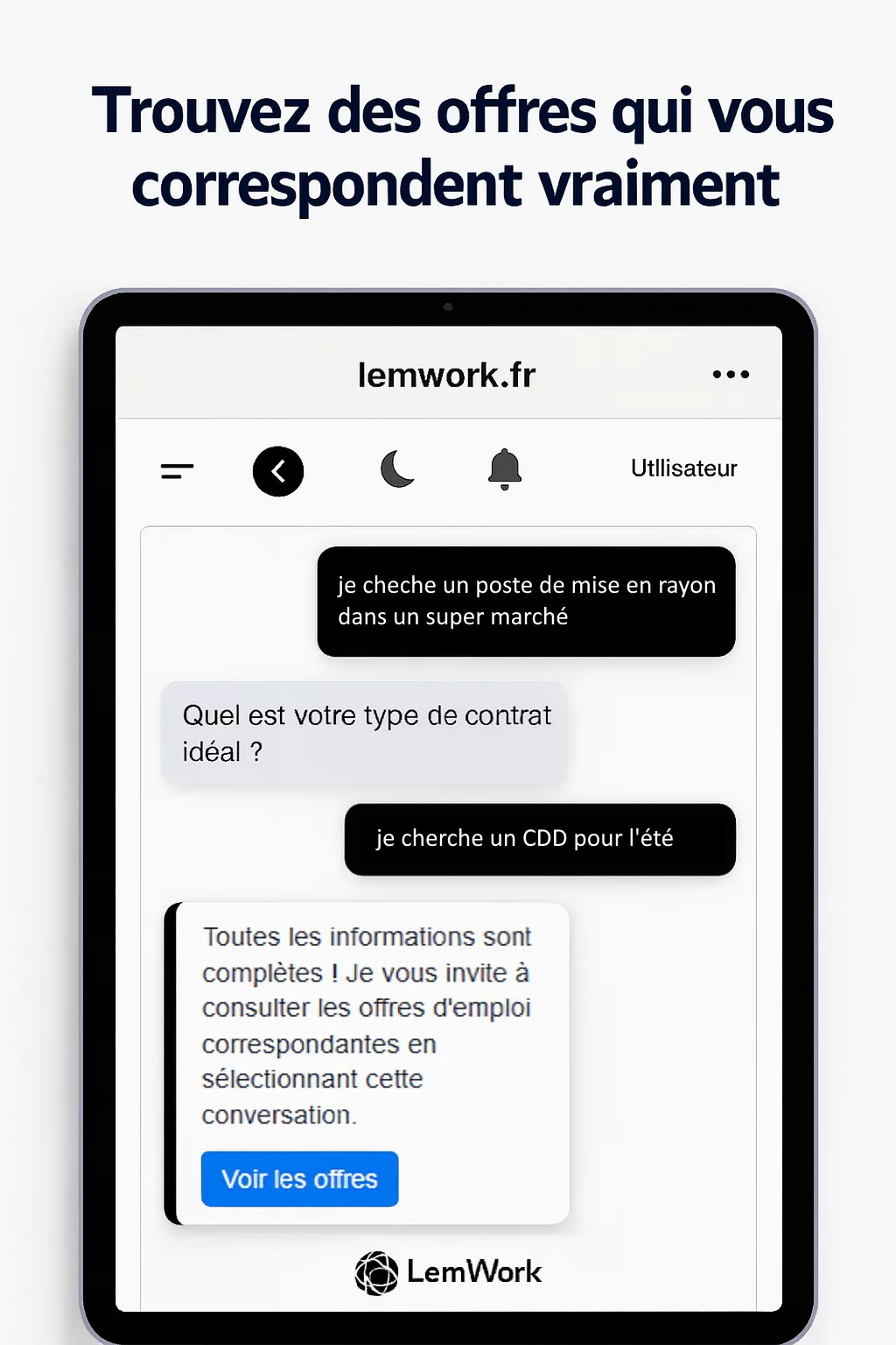 Interface LemWork montrant une recherche d’offres d’emploi personnalisée par conversation