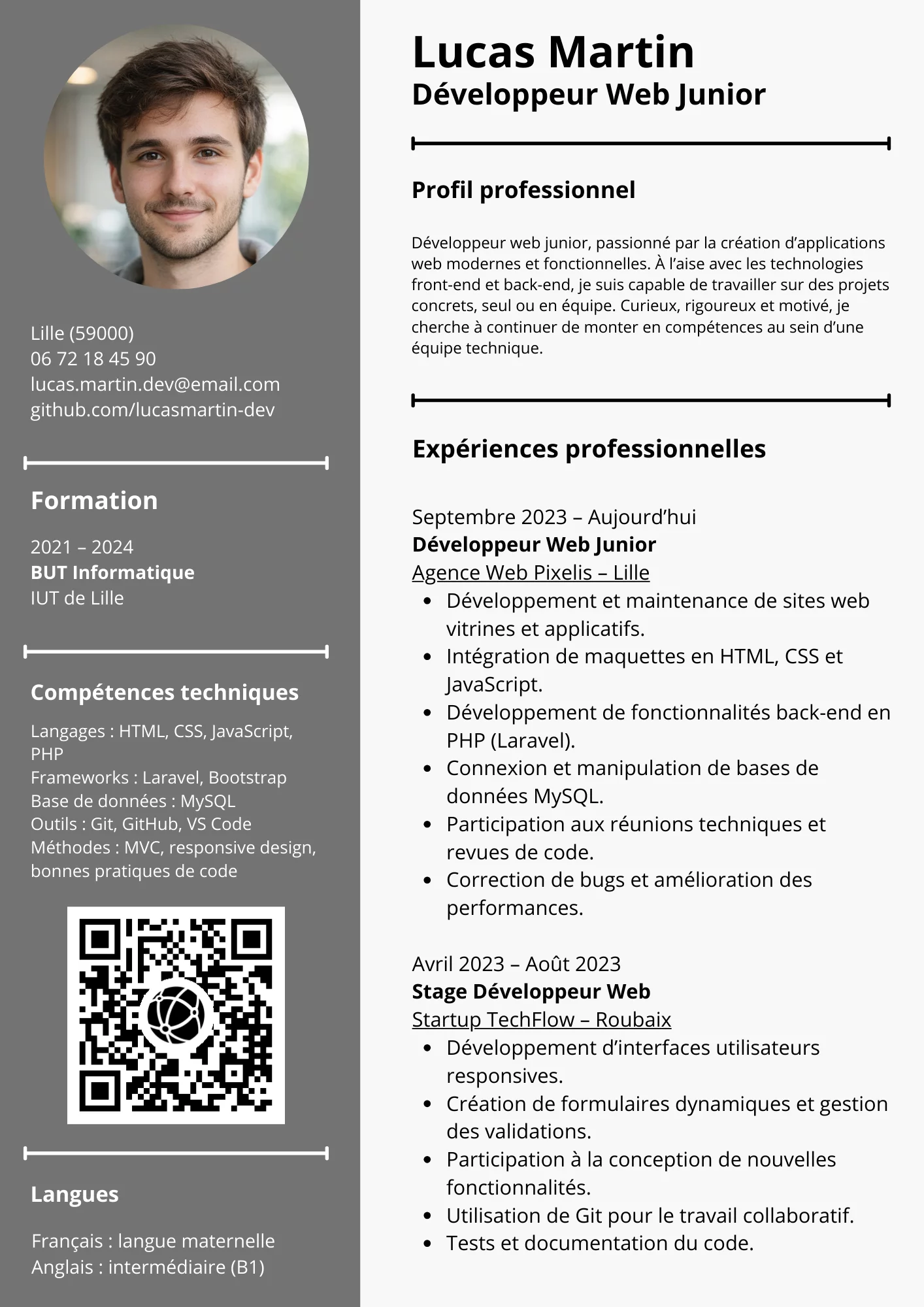 CV professionnelle de Lucas Martin, développeur web junior