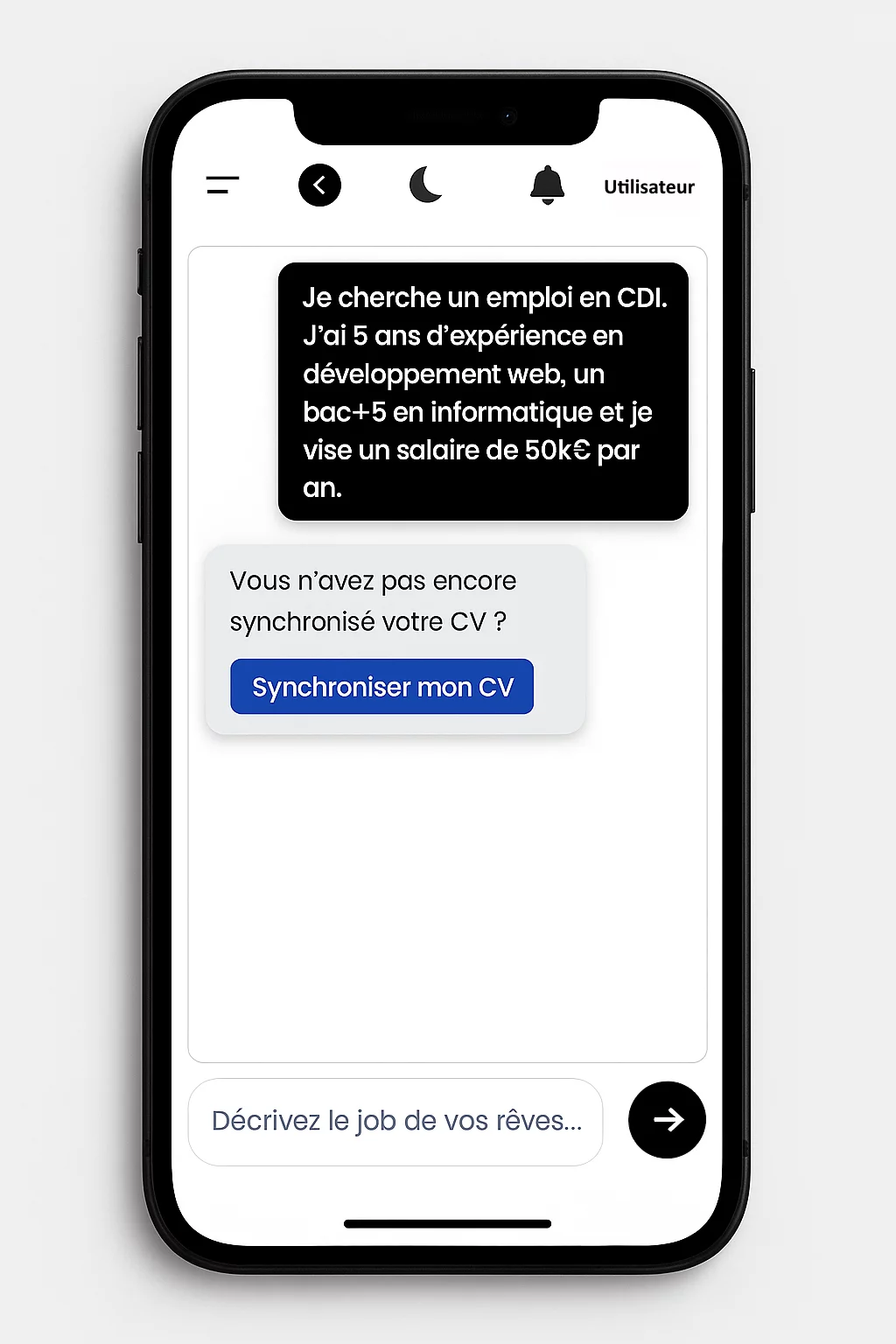 Interface mobile LemWork montrant une recherche d’emploi par discussion avec l’IA