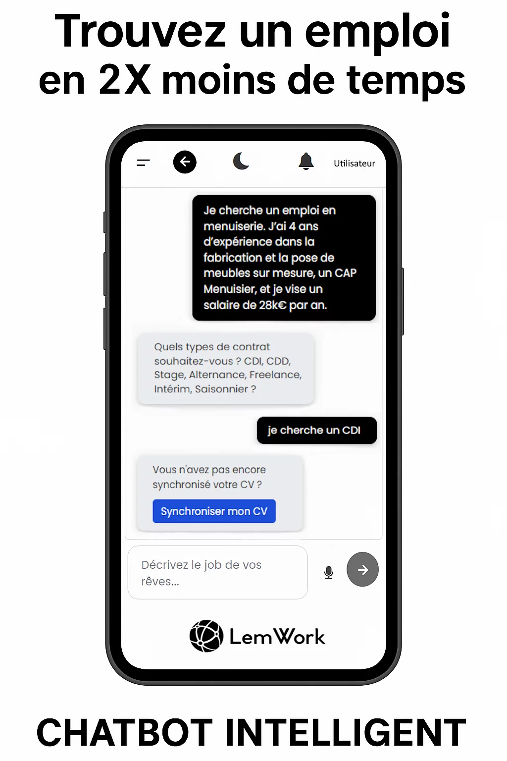 Interface mobile LemWork montrant une recherche d’emploi accélérée grâce à l’IA
