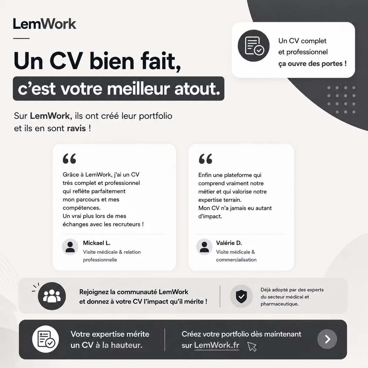 Portfolio professionnel LemWork - Exemple de CV enrichi pour valoriser son parcours et ses compétences